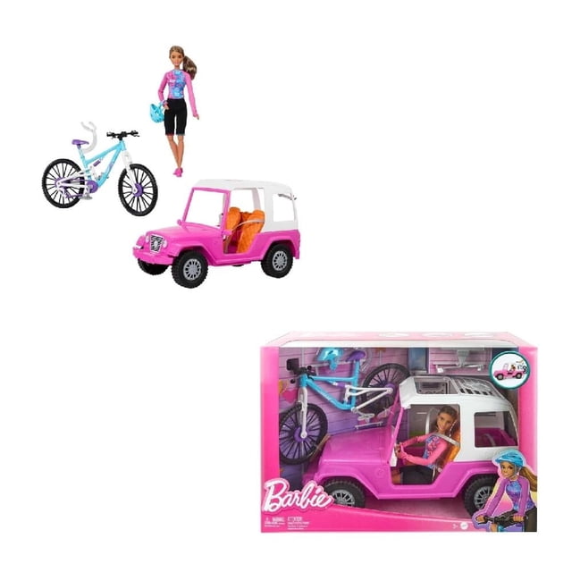 set de juego barbie muñeca con bicicleta de montaña, muñeca Barbie con chaqueta rosa y shorts negros junto a bicicleta de montaña azul y blanca y vehículo todoterreno rosa con techo blanco y asiento naranja; empaque y accesorios visibles, diseñado para niñas de 3 años en adelante y apto para fomentar el juego imaginativo al aire libre.