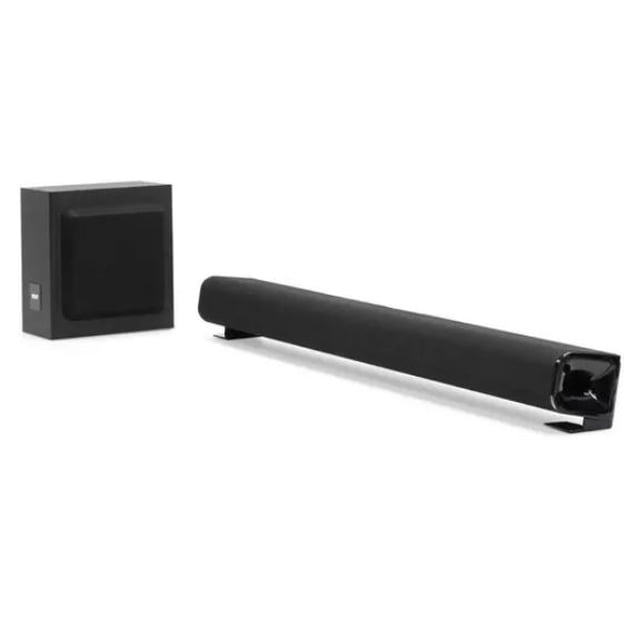 barra de sonido con subwoofer rca 2.1 canales, 60w, bluetooth rts7116s Barra de sonido y subwoofer negros 2.1 en vista frontal angulada; barra alargada con rejilla textil y patas cortas, subwoofer cúbico con panel frontal de tela y borde biselado, puerto de salida visible en el extremo de la barra; conectividad AV, AUX 3.5 mm, Bluetooth, coaxial y óptico según ficha, potencia 60 W y Dolby Digital, fondo blanco. También es adecuada para mejorar audio de TV y como sistema compacto para reproducción de música en salas pequeñas.
