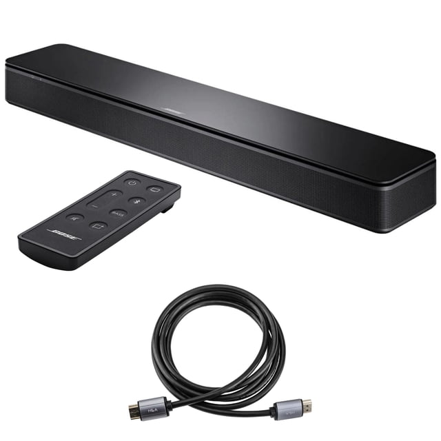 altavoz soundbar bose tv con bluetooth y hdmi-arc negro barra de sonido compacta negra, vista frontal inclinada que muestra rejilla metálica y superficie superior lisa con logo Bose, mando a distancia negro con botones visibles y cable HDMI enrollado; compatible con Bluetooth y HDMI-ARC, diseñado para mejorar la claridad de diálogos y música en TV. También suele usarse para reproducir audio desde dispositivos móviles por Bluetooth.