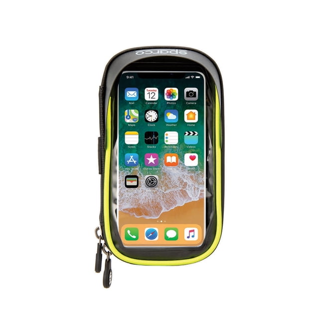 sparco bolsa para bicicleta impermeable con soporte giratorio tpu amarillo, vista frontal centrada de funda compacta 19 x 11 x 5.5 cm con ventana TPU transparente mostrando un smartphone, cremallera de goma, bordes amarillos y cuerpo en nylon 900D; visera solar superior, base de goma antideslizante y soporte giratorio 360° para montaje en manillar; capacidad 1 L, ideal para ciclismo urbano, montaña y carretera y a menudo usada para llevar monedas y herramientas pequeñas en salidas cortas.