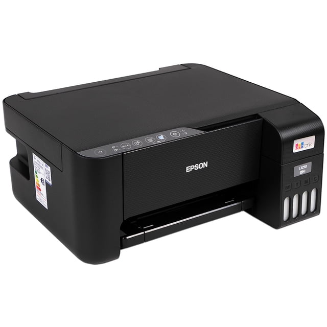 multifuncional epson ecotank l3250, impresora, copiadora y escáner epson c11cj67301 impresora negra 3 en 1 en vista 3/4 con tanque de tinta visible en el costado derecho, panel de control con botones e iconos en la parte superior, bandeja de salida frontal y logo EPSON; adecuada para hogar, estudio y uso escolar, y compatible con botellas de repuesto para impresión de alto rendimiento.