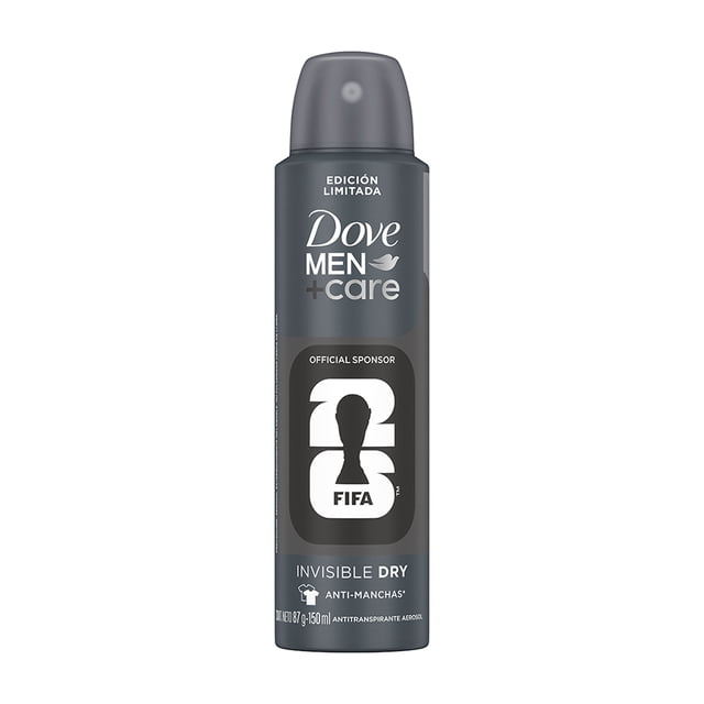 desodorante dove men+care invisible dry en aerosol para caballero 89 g Lata frontal centrada, gris oscuro con tapa gris mate, logo Dove Men+Care en blanco, emblema FIFA negro y blanco en el centro y texto visible "Invisible Dry" y "Anti-manchas"; envase de 89 g sobre fondo blanco. A menudo se usa como desodorante de viaje por su formato compacto.