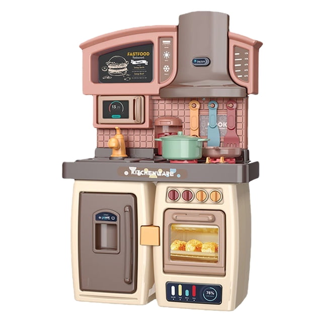 feltechelectr 1 pieza de juguete de cocina de simulación, utensilios de cocina, juguete de cocina para niños — cocina de juguete de plástico multicolor, vista frontal con fregadero, estufa de cuatro perillas, horno con puerta transparente y refrigerador simulado; incluye cacerola y utensilios colgantes, tamaño aprox. 27x14.5x7.5 cm; ideal para juego imaginativo y desarrollo de habilidades sociales, también apta para juegos de rol educativos.