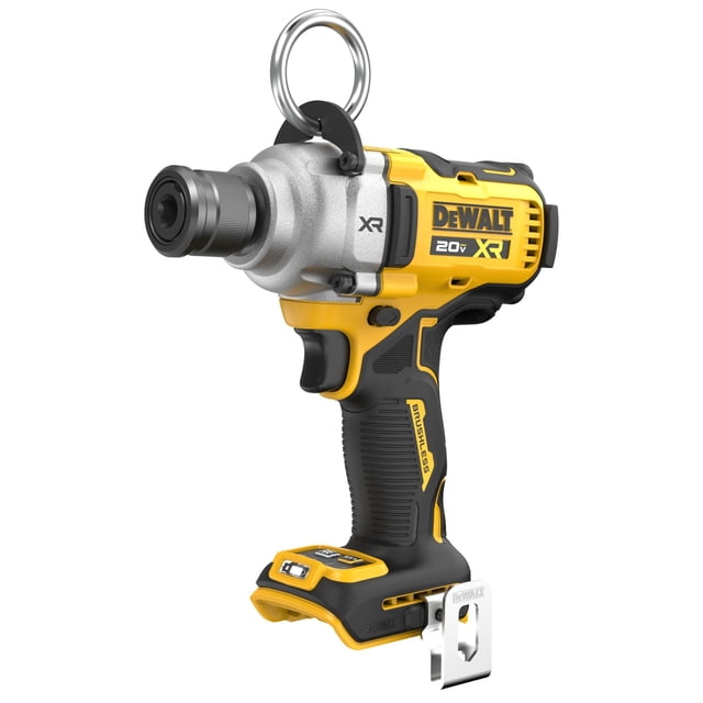 llave de impacto dewalt 20 v max xr inalámbrica 7/16 pulgadas dcf937b solo herramienta (DCF937B) Vista 3/4 frontal-izquierda en negro/amarillo; cuerpo compacto con empuñadura con relieve, gatillo, yunque de cambio rápido de 7/16 pulg, anillo elevador superior y clip metálico de cinturón en la base. Selección de velocidad de 4 modos, ideal para aplicaciones de atornillado en madera.