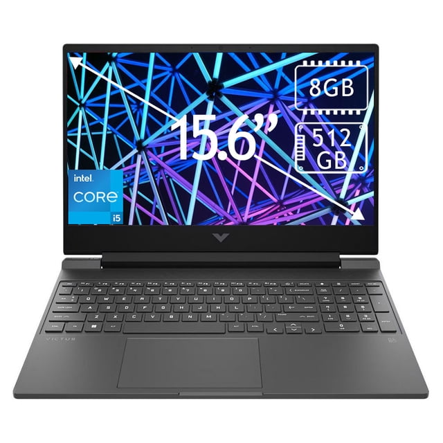laptop hp victus gaming 15.6" core i5 8gb 512gb 15-fa1029nr Frente centrado de la laptop HP Victus 15.6" negra con pantalla IPS FHD que muestra 15.6" y logotipo Intel Core i5; teclado completo con teclado numérico, touchpad amplio, chasis angulado y bisagra visible; incorpora gráficos NVIDIA GeForce RTX 2050 y SSD de 512 GB, a menudo usada también para creación de contenido y edición ligera.