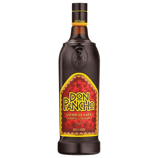 licor don pancho de café 1 l botella frontal de vidrio oscuro con etiqueta roja y amarilla que muestra el logo Don Pancho y texto "licor de café / coffee liqueur", tapa negra con banda marcada, envase de 1 L; venta de alcohol exclusivamente a mayores de edad.