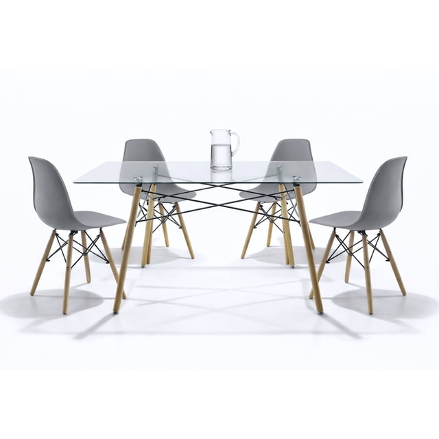 set de 4 sillas y comedor mundo in sillas jm-1618 oslo gris y comedor rectangular vista frontal centrada de mesa rectangular con cubierta transparente y 4 sillas Oslo JM-1618 gris; patas de madera clara con refuerzos metálicos negros, asientos ergonómicos en plástico gris, diseño moderno para 4 personas en fondo blanco; también suele usarse como mesa de trabajo compacta.