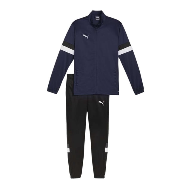conjunto puma teamrise para hombre 658653-06 azul marino xl chaqueta de entrenamiento azul marino con cierre frontal y cuello alto, mangas con franjas blancas y negras y logo PUMA blanco; pantalon largo negro con logo PUMA blanco y bloques de color en la pantorrilla, vista frontal centrada sobre fondo blanco, ideal para entrenamiento de futbol y uso deportivo.