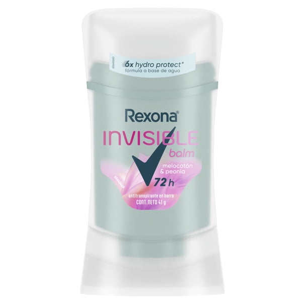 Antitranspirante en Barra Rexona Women Invisible Balm Melocotón & Peonía, 72 h de protección contra el sudor y el mal olor fórmula a base de agua con tecnología 6X Hydro Protect* 41 g