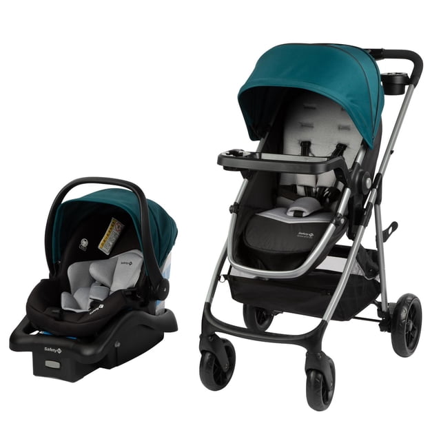 carriola sistema de viaje safety 1st grow & go flex verde con portabebé OnBoard 35 FLX; vista frontal y lateral que muestra la carriola con asiento reclinable hasta 180°, capota retráctil con ventana peek-a-boo, charola frontal, canastilla XL y chasis con ruedas delanteras giratorias 360° con bloqueo y amortiguación en las 4 ruedas. Incluye portabebé ligero sobre base con sistema latch; uso desde recién nacido hasta 22 kg y portabebé hasta 15 kg, con arnés de 5 puntos y textiles acolchonados. También suele usarse para viajes por su plegado compacto.