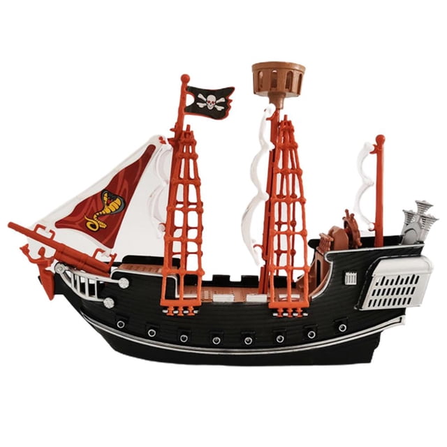 barco pirata para niños, juguete de simulación de plástico 27 x 19 x 6,5 cm, galeón negro con detalles naranjas, dos mástiles con redes y vela blanca y roja con emblema de calavera, bandera pirata, dos figuras incluidas, indicado para edades 8+. ideal para juego de roles y como adorno temático en habitaciones infantiles; a menudo usado también para escenas de juego de mesa.