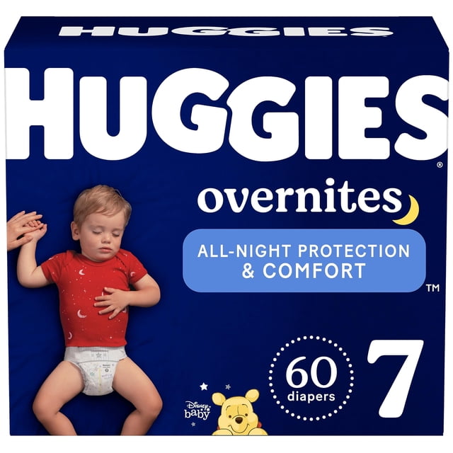 pañales para bebés huggies overnites, tamaño 7 (18,6 kg), 60 unidades — Caja frontal azul marino con logotipo Huggies y texto Overnites; vista central de un bebé acostado con pañal estampado, número 7 grande y sello que indica 60 pañales; especifica protección nocturna hasta 12 horas y ajuste contorneado; a menudo usado para viajes nocturnos largos.