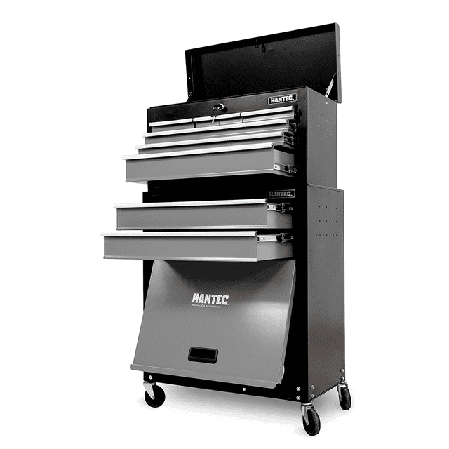 caja de herramientas con gabinete móvil hantec 9 cajones gris para herramienta automotriz hantec herramienta. Imagen ilustrativa; no incluye herramienta. Gabinete de lámina de acero pintada color gris con 9 cajones deslizables, cajón superior tipo cofre, chapa de seguridad, manijas laterales de aluminio, llantas giratorias con freno y cajón inferior de mayor capacidad.