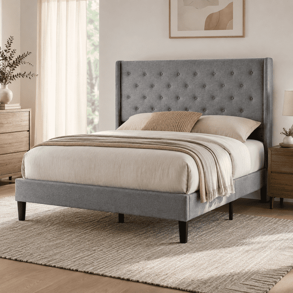 Zocalo Cama Queen Tapizada con Cabecera Acolchada, Estructura de Metal con Listones de Madera, Soporte hasta 350 kg, Diseño Silencioso, 209 x 157 x 120 cm, Gris