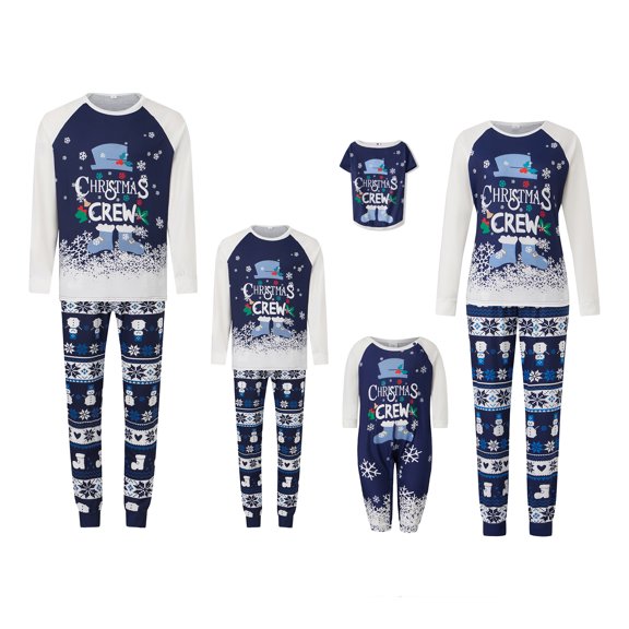 Pijamas navideñas familiares a juego con estampado de muñecos de nieve y copos de nieve. Conjuntos navideños familiares a juego.