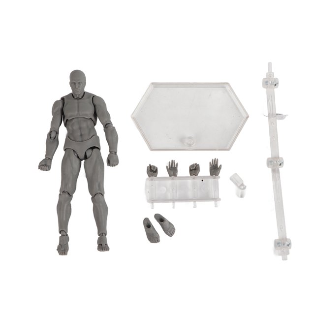 modelos de cuerpo humano de pvc maniquíes articulados maniquíes articulados de cuerpo humano modelos de figuras de acción móviles integración perfecta figura articulada de 13 cm en PVC gris con base hexagonal transparente, soporte vertical desmontable, cuatro manos intercambiables, dos piezas para pies y peso 100 g; también suele usarse como modelo de referencia para dibujo y posado.
