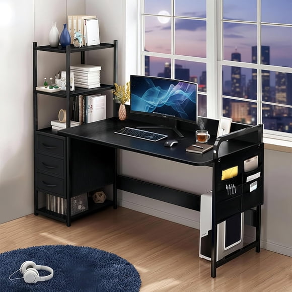 Escritorio con 3Cajones y Estante De 4 Niveles | Mesa Para Computadora Industrial Desk Esquinero Mueble Grande Para Oficina,Sala 120x50x110CM (Negro)