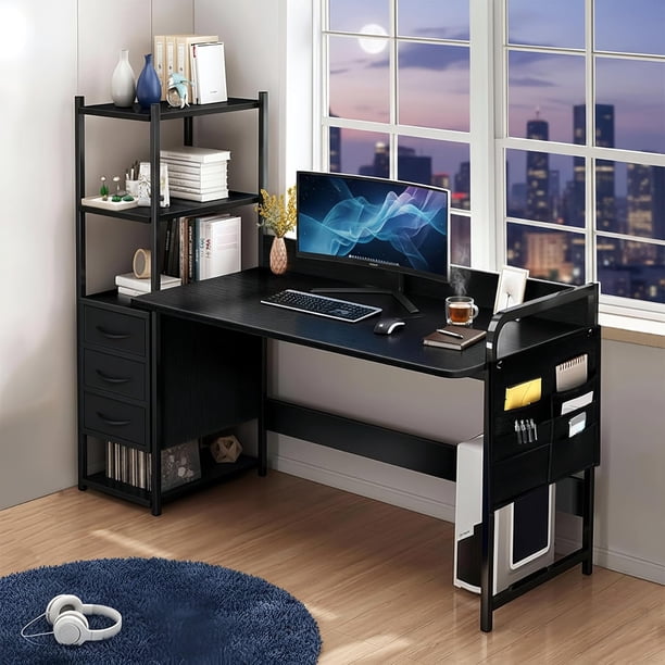 Escritorio con 3Cajones y Estante De 4 Niveles | Mesa Para Computadora Industrial Desk Esquinero Mueble Grande Para Oficina,Sala 120x50x110CM (Negro)