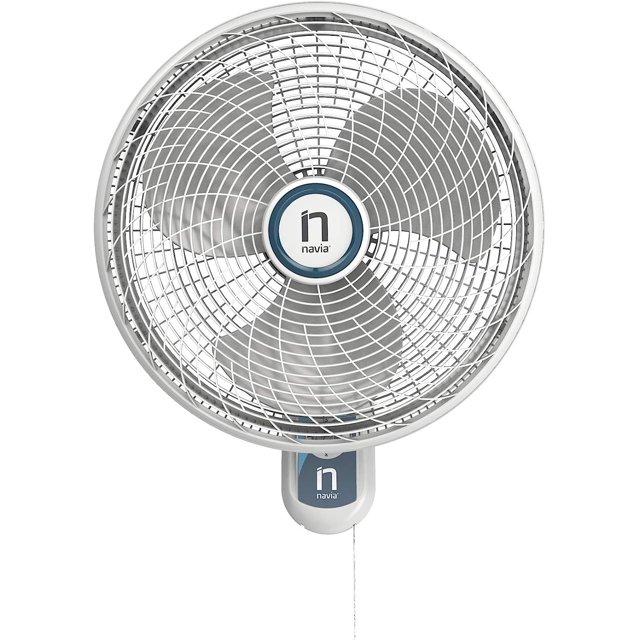 ventilador de pared mecánico 18' 3 velocidades navia m018p ventilador de pared gris Navia 18" vista frontal, aspas de cuatro palas y rejilla plástica libre de óxido, centro con logotipo Navia, carcasa empotrable y cadena de encendido; compacto para montaje en pared y apto también para ventilar talleres pequeños o áreas de almacenamiento.