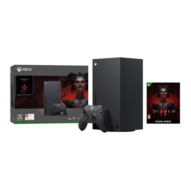 consola xbox series x microsoft paquete diablo iv consola negra Xbox Series X vertical con control inalámbrico negro y caja con arte de Diablo IV; incluye 1TB SSD y soporte 4K según especificaciones, fondo blanco, vista 3/4.