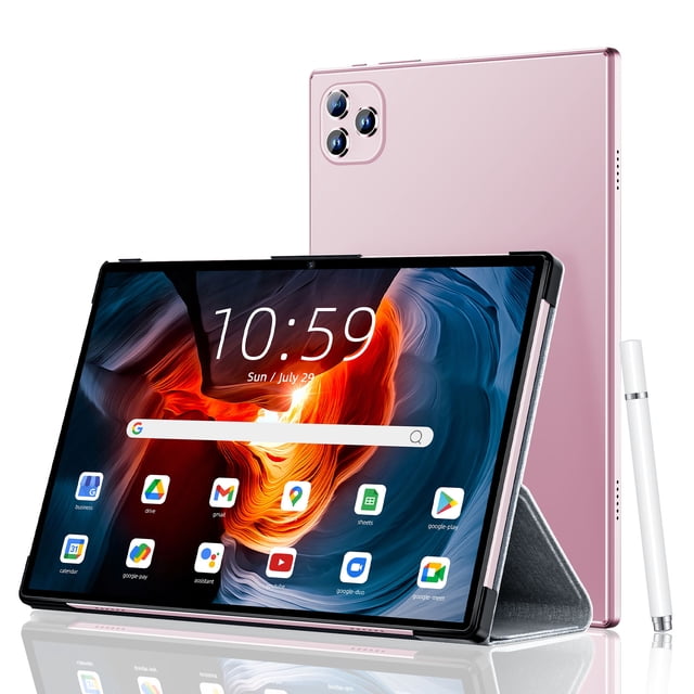 veat00l tablet, 10.1 pulgadas android 13 tablets — tableta rosa dorado de 10.1" con pantalla táctil IPS HD 1280x800 en horizontal mostrando la pantalla de inicio Android; unidad trasera apoyada con módulo de cámara doble en esquina, lápiz stylus blanco y funda plegable tipo soporte visibles; adecuada para streaming y productividad con WiFi 5G y 6GB RAM.