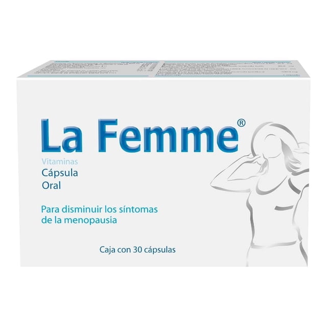la femme vitaminas 30 cápsulas caja frontal blanca con logotipo azul La Femme, texto 'Vitamina Cápsula Oral' y 'Para disminuir los síntomas de la menopausia', ilustración lineal de mujer a la derecha y leyenda 'Caja con 30 cápsulas'.