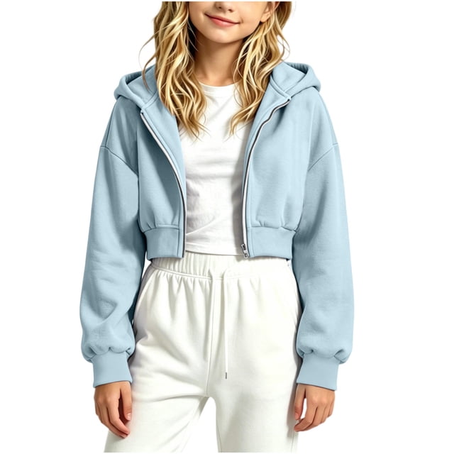 Sudadera con capucha y cremallera de manga larga de color liso para niñas, estilo casual y holgado, ideal para invierno, tallas 120-170.