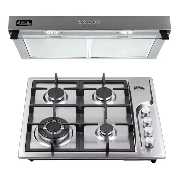 Combo Parrilla 4 Quemadores 60 Cm Y Campana Extractora Slim Arol, Acero Inoxidable, Modelos P-in4q59b Y Csi-60ai