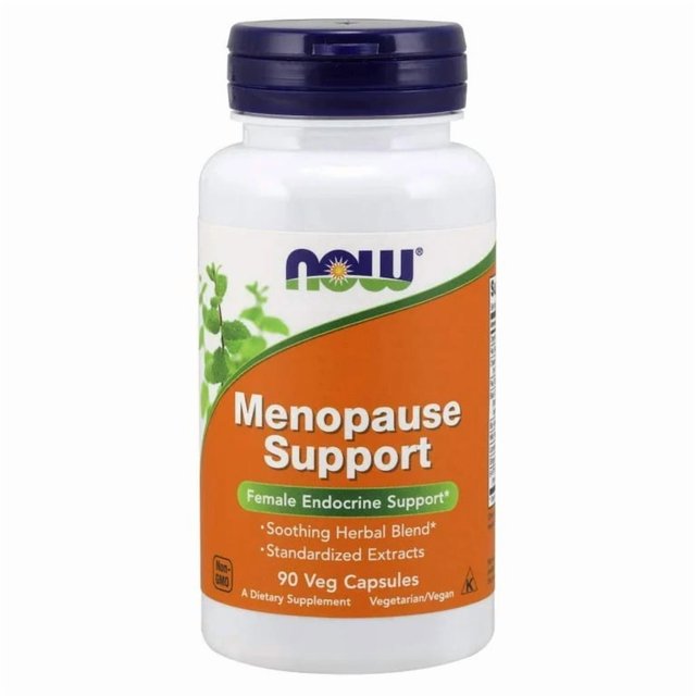 supplement now menopause female endocrine support 90 cápsulas botella frontal, envase plástico blanco con tapa azul y etiqueta naranja; texto 'Menopause Support' y banda verde 'Female Endocrine Support', indica 90 veg capsules y sello vegetariano, primer plano sobre fondo blanco; adecuado para llevar en bolso o viaje.