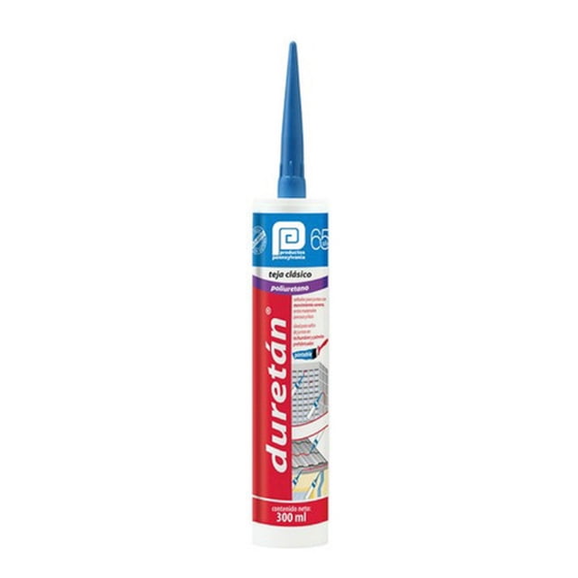 sellador de poliuretano pennsylvania negro 300 ml duretán spo1n40 cartucho vertical con boquilla larga azul; envase blanco con etiqueta roja y azul que muestra aplicaciones en techumbres y juntas; indicado para emboquillados, sellos perimetrales e impermeabilización; a menudo usado para juntas que requieren estanqueidad.