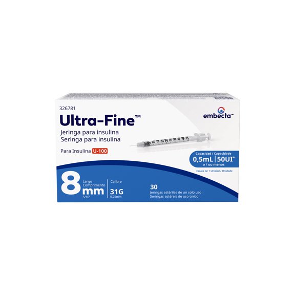 Jeringa Ultra Fine para insulina 0.5 ml 31G x 8 mm 30 pzas