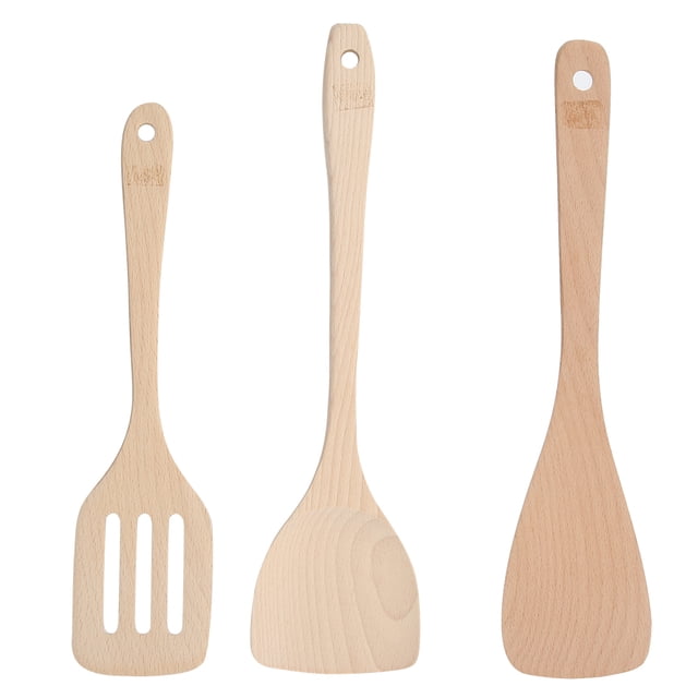 cooking utensils nontoxic spatula durable for kitchen for home anggrek juego de 3 espátulas de madera sin pintar: vista frontal centrada con espátula ranurada (aprox. 30 x 7 cm), espátula inclinada (aprox. 32 x 7.5 cm) y espátula corta (aprox. 34 x 9 cm), mangos con orificio para colgar, veta natural y acabado liso; diseñadas para uso en cocina doméstica y sartenes antiadherentes, también suelen emplearse para revolver y servir en ollas pequeñas.