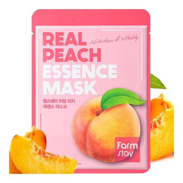 mascarilla facial farmstay extracto de durazno 1 pza paquete frontal rosa con texto 'REAL PEACH ESSENCE MASK', ilustración de durazno y gajos, logo Farmstay visible, bolsa plana de un solo uso para mascarilla facial.
