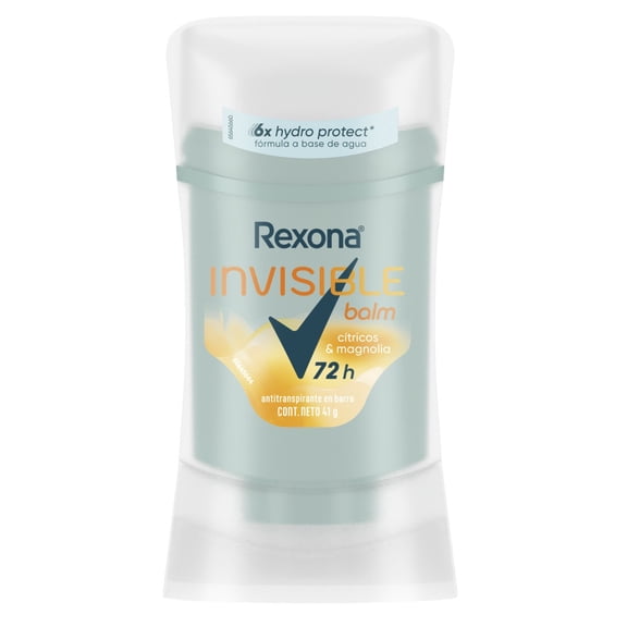 Antitranspirante en Barra Rexona Women Invisible Balm Cítricos & Magnolia, 72 h de protección contra el sudor y el mal olor fórmula a base de agua con tecnología 6X Hydro Protect* 41 g