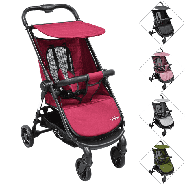 carriola para bebé ligera plegable ruedas de goma cinturón 5 puntos toldo apta desde 12 meses hasta 16 kg - rojo 3/4 frontal de carriola roja con estructura negra; asiento rojo con respaldo de malla, cinturón de seguridad de 5 puntos y posa brazos acolchado visibles; ruedas de goma delanteras giratorias 360° y traseras con freno, amplia cesta portaobjetos y plegado con una sola mano. Apta desde 12 meses hasta 16 kg; a menudo se usa para salidas urbanas y transporte diario.