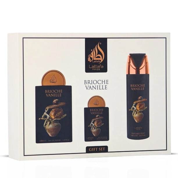 SET LATTAFA PRIDE BRIOCHE VANILLE 4PZS 100ML EDP SPRAY/ DESODORANTE SPRAY 200ML/ 20ML EDP SPRAY/ PERFUMERO RELLENABLE
