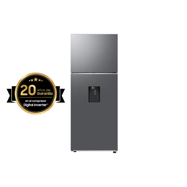 refrigerador top mount 12 pies cúbicos, fábrica de hielos, acero elegante - acero acero samsung refrigerador top mount 12 pies cúbicos, fábrica de hielos, acero elegante Vista frontal centrada del refrigerador Samsung en acabado acero; congelador superior, puerta inferior con dispensador de agua integrado, superficie metálica lisa y tiradores integrados, fondo neutro de estudio. Su tamaño compacto lo hace adecuado para cocinas pequeñas.