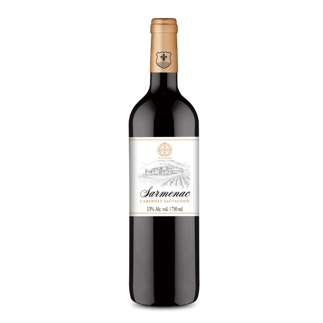 vino tinto francés: sarmenac cabernet sauvignon 2022 botella frontal de 750 ml con etiqueta blanca y dibujo de viñedo, cápsula dorada y vidrio oscuro; aromas a frutos negros y moras, origen Côtes du Rhône y Sarmenac en el sur de Francia, a menudo elegido para regalos de navidad.