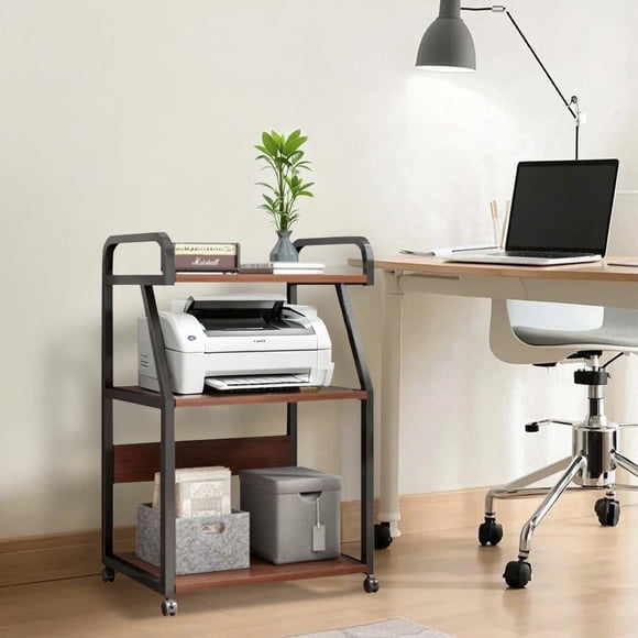 Carro multifuncional para impresora de 3 niveles - soporte móvil con ruedas bloqueables - apto para impresoras láser, 3D y multifunción - color nogal oscuro + negro