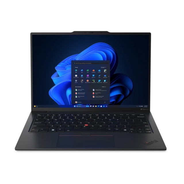 laptop lenovo thinkpad x1 carbon gen 12 14" 16gb, 512gb ssd. Vista frontal centrada de portátil negro abierto con pantalla 14" WUXGA 1920x1200 mostrando Windows 11 Pro en español, con Intel Core Ultra 7 155U en especificaciones. Teclado QWERTY retroiluminado con TrackPoint rojo y trackpad amplio; cámara frontal 1920x1080 y micrófonos integrados en el bisel superior. Certificaciones listadas en especificaciones: MIL-STD-810H y ENERGY STAR 8.0. A menudo usada como estación de trabajo móvil adecuada para viajes de negocios.