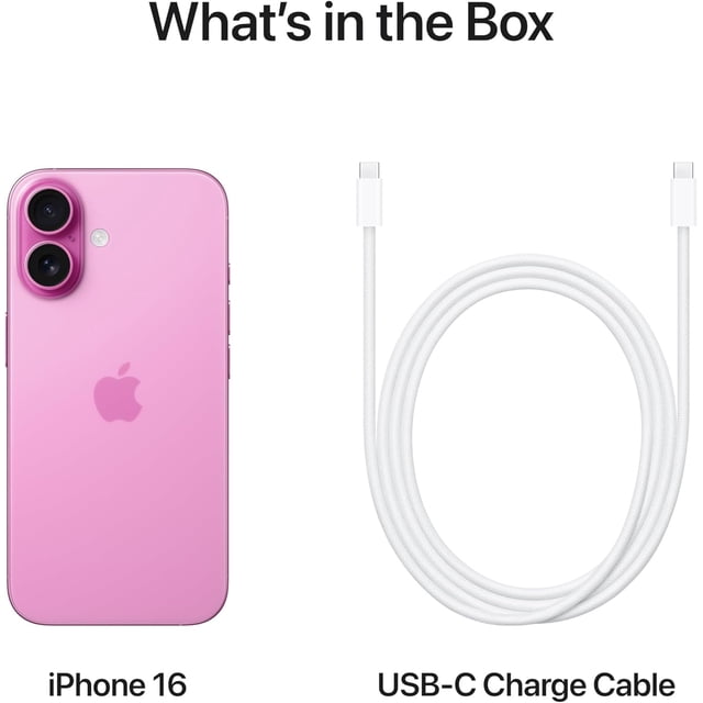 apple iphone 16 reacondicionado, desbloqueado , 128 gb, color rosa Reacondicionado iPhone 16 rosa, vista trasera 3/4 con doble cámara y logo Apple, acabado liso y botones laterales visibles; a la derecha cable USB-C blanco enrollado sobre fondo blanco, adecuado como equipo secundario para viajes.