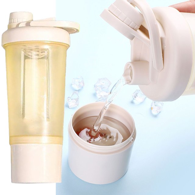 Botella de agua deportiva con vaso mezclador para batidos de proteínas | Botella mezcladora portátil con agitador y compartimento de almacenamiento integrados