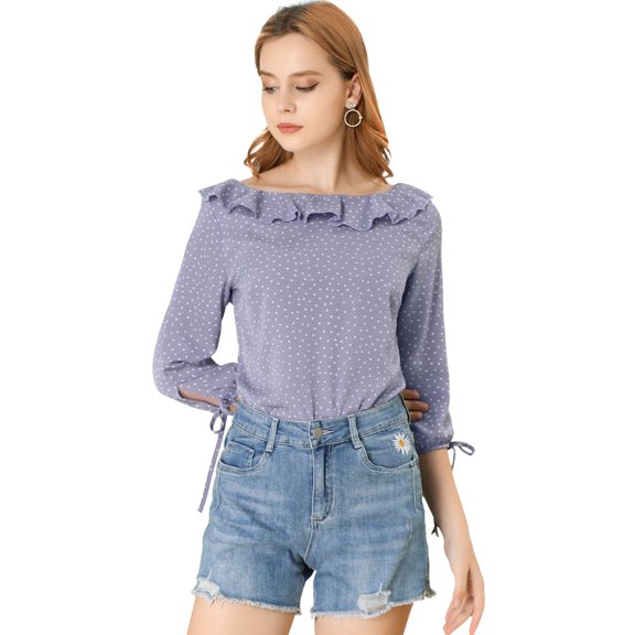 Blusa de lunares Allegra K para mujer de media manga con cuello con volantes Púrpura M