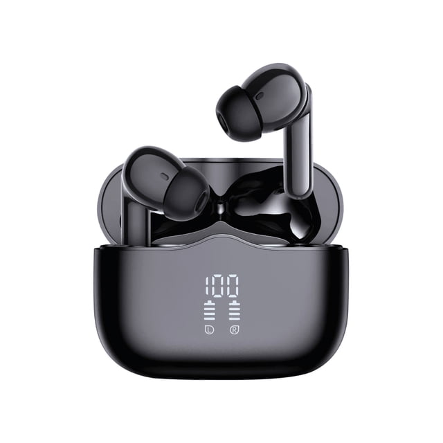 audífonos bluetooth serenity hifi binden con cancelación de ruido Auriculares true wireless negros In Ear con tallos cortos y puntas de silicona, estuche de carga abierto con pantalla LED frontal que muestra nivel de batería y símbolos L/R, control touch visible y puerto Tipo C; diseñados para música y llamadas, también suelen usarse para gaming móvil por su modo gamer.