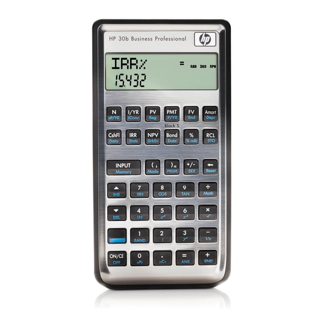 calculadora hewlett packard hp-30b business professional calculadora financiera HP-30B, vista frontal centrada con pantalla LCD alfanumérica de 2 líneas mostrando entradas y resultados, teclado completo con teclas para funciones financieras y dial Rotate and Click, acabado gris y borde plateado, incluye baterías, guía rápida y funda protectora según ficha técnica; adecuada para cálculos de flujo de caja, amortizaciones y análisis financiero.
