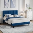 thumbnail image 3 of Yeshouse Estructura de cama matrimonial, plataforma tapizada en terciopelo con cabecero capitoné ajustable, no requiere somier, fácil montaje, azul marino, 3 of 9
