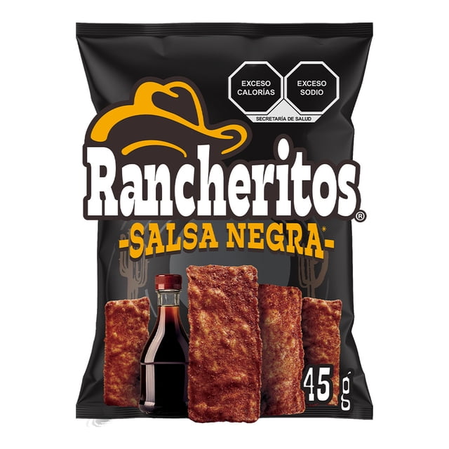 botana rancheritos salsa negra 45 g paquete negro frontal con logo Rancheritos grande, texto amarillo “SALSA NEGRA”, cuatro totopos rectangulares crujientes con recubrimiento rojo oscuro y una botella de salsa; sellos de advertencia de exceso calorías y sodio visibles, peso 45 g, ideal para un antojo en el camino.