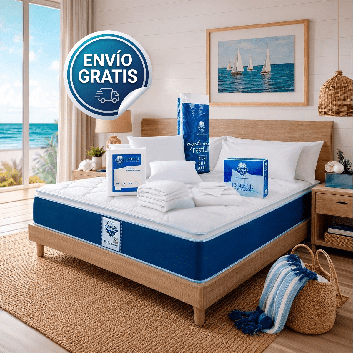 Colchón Matrimonial Cota Spring Air + Almohadas + Juego de Sabanas + Protector de Colchón