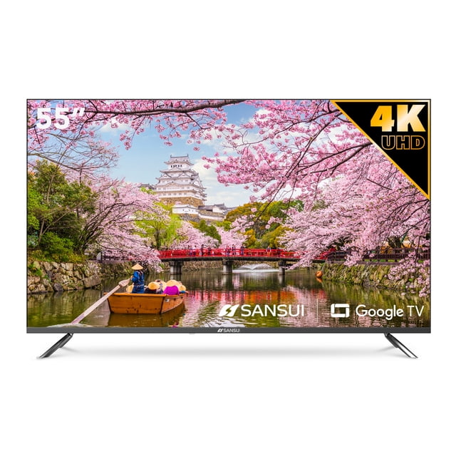 tv 55 pulgadas sansui smart tv uhd 4k smx55vaug google tv vista frontal de pantalla plana negra con marco delgado y peanas en V, mostrando paisaje; se ven logos Sansui y Google TV y etiqueta 4K UHD. Incluye Chromecast, Asistente de Google, HDR10 y Dolby Audio; salida de audio 210W y puerto USB para reproducir foto, música y video. Su tamaño compacto lo hace también adecuado para salas o recámaras.