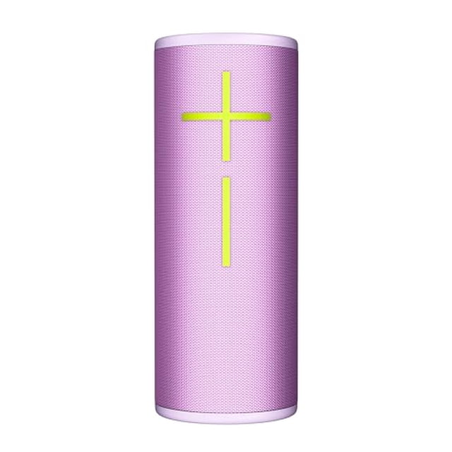 ultimate ears boom 4 altavoz bluetooth portátil resistente al agua con sonido nítido, audaz, envolvente y de 360 grados, altavoz flotante con batería de 15 horas y alcance de 45 m (147 pies), color rosa: vista frontal centrada de altavoz cilíndrico rosa con rejilla texturizada, grandes botones de volumen en cruz amarillo lima y extremos superior e inferior en tono claro; silueta vertical compacta que sugiere portabilidad y uso al aire libre; a menudo se usa emparejado con otros altavoces para ampliar el sonido.